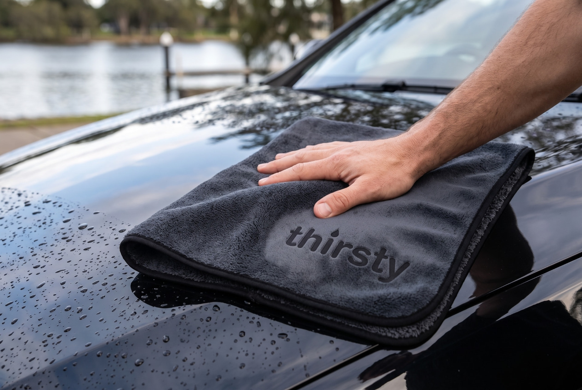 Thirsty towel absorbing water from car paint